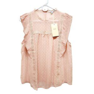Womens Blush Pink Sleeveless Ruffle Blouse With Lace Accents By Blāshe Size L